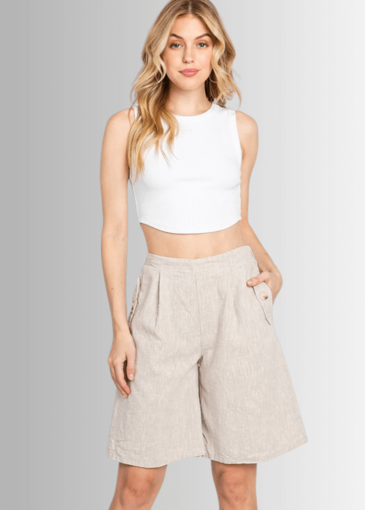 Made in USA Women's Premium Linen and Cotton Natural Longer Length Shorts, Elastic on Back Waist, Side Pockets, Darts Button Detail, 55% Flax Linen, 45% Cotton | Classy Cozy Cool Made in America Boutique