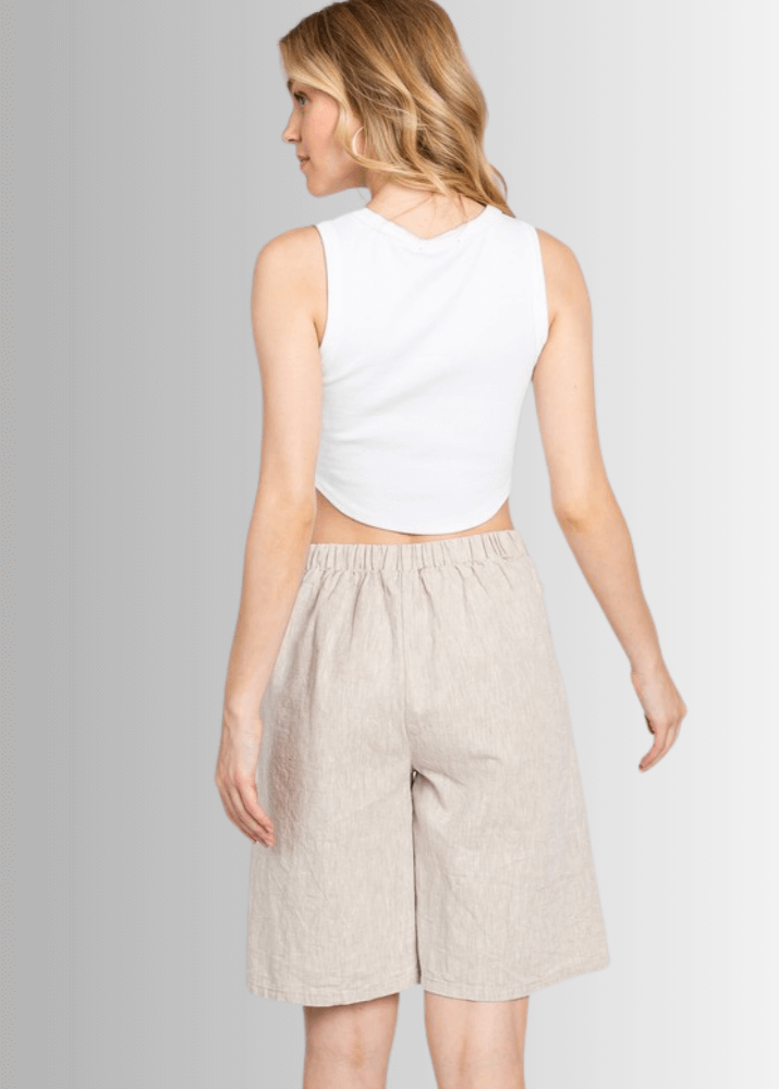 Made in USA Women's Premium Linen and Cotton Natural Longer Length Shorts, Elastic on Back Waist, Side Pockets, Darts Button Detail, 55% Flax Linen, 45% Cotton | Classy Cozy Cool Made in America Boutique