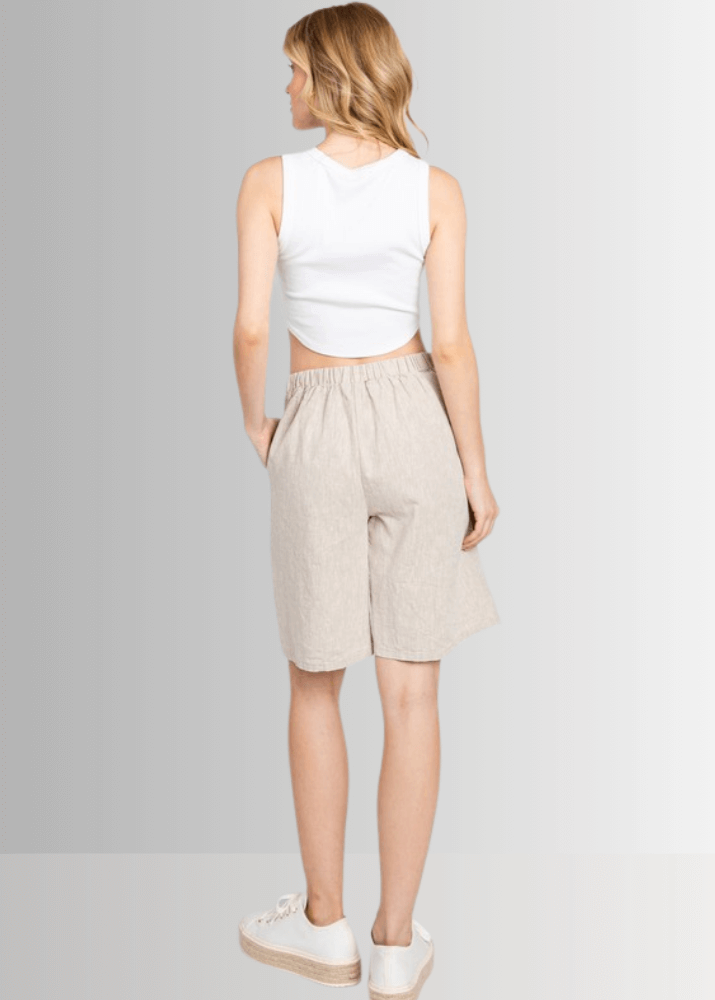 Made in USA Women's Premium Linen and Cotton Natural Longer Length Shorts, Elastic on Back Waist, Side Pockets, Darts Button Detail, 55% Flax Linen, 45% Cotton | Classy Cozy Cool Made in America Boutique