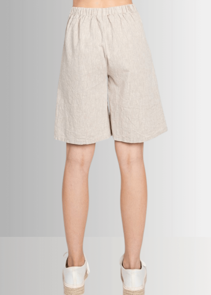 Made in USA Women's Premium Linen and Cotton Natural Longer Length Shorts, Elastic on Back Waist, Side Pockets, Darts Button Detail, 55% Flax Linen, 45% Cotton | Classy Cozy Cool Made in America Boutique