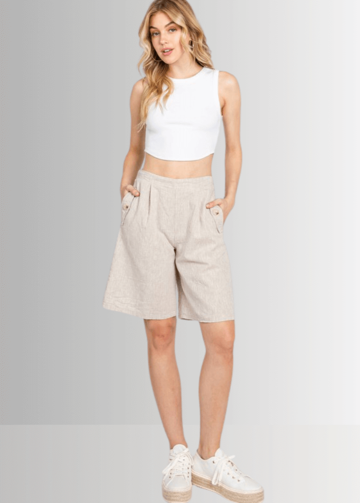 Made in USA Women's Premium Linen and Cotton Natural Longer Length Shorts, Elastic on Back Waist, Side Pockets, Darts Button Detail, 55% Flax Linen, 45% Cotton | Classy Cozy Cool Made in America Boutique
