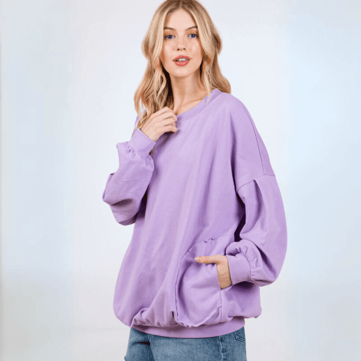 Made in USA Women's Cotton Blend French Terry Oversized Solid Knit Sweatshirt with Side Pockets, Longer Length, Medium Weight in Lavender | Classy Cozy Cool Made in America Boutique