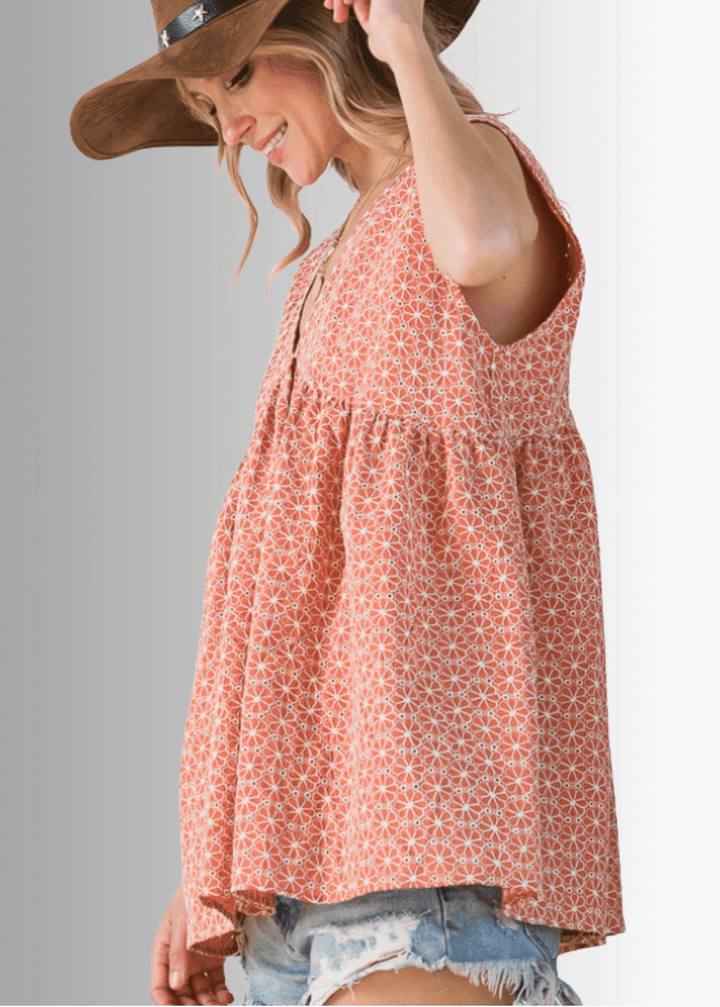 Made in USA Women's Coral Rust Eyelet Cotton Embroidered Peplum Top | Bucket List Style T1330 | Classy Cozy Cool  Made in America Boutique