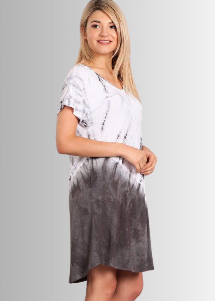 USA Made Ladies Casual Knee Length Tie Dye Dress in Grey Tones |  Style# C60570 | Classy Cozy Cool Women's Made in America Boutique
