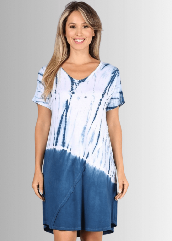 USA Made Ladies Casual Knee Length Tie Dye Dress in Blue Tones |  Style# C60570 | Classy Cozy Cool Women's Made in America Boutique