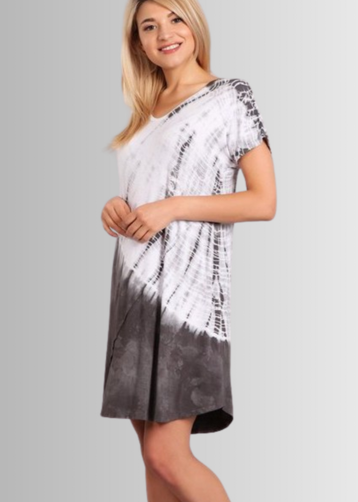 USA Made Ladies Casual Knee Length Tie Dye Dress in Grey Tones |  Style# C60570 | Classy Cozy Cool Women's Made in America Boutique