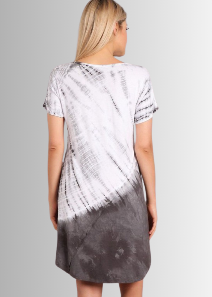 USA Made Ladies Casual Knee Length Tie Dye Dress in Grey Tones |  Style# C60570 | Classy Cozy Cool Women's Made in America Boutique