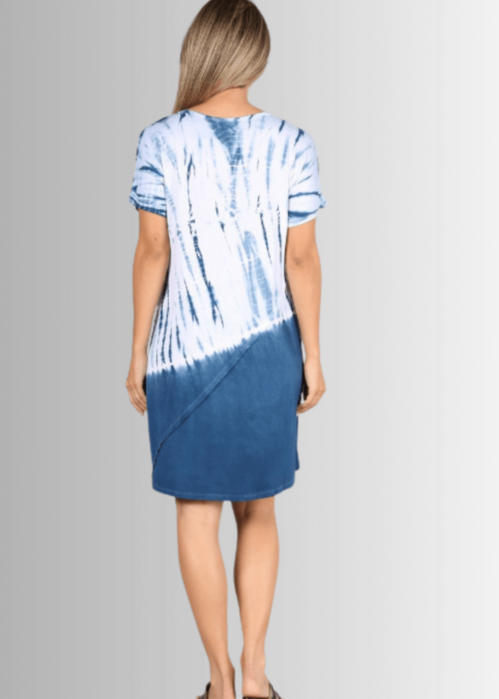 USA Made Ladies Casual Knee Length Tie Dye Dress in Blue Tones |  Style# C60570 | Classy Cozy Cool Women's Made in America Boutique