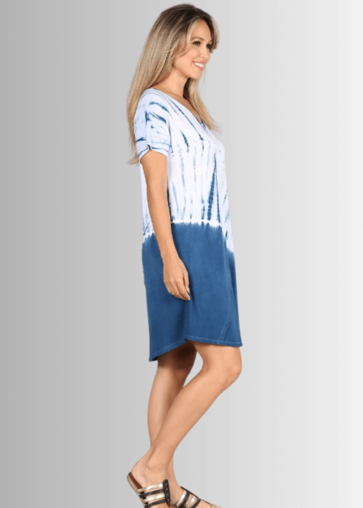 USA Made Ladies Casual Knee Length Tie Dye Dress in Blue Tones |  Style# C60570 | Classy Cozy Cool Women's Made in America Boutique