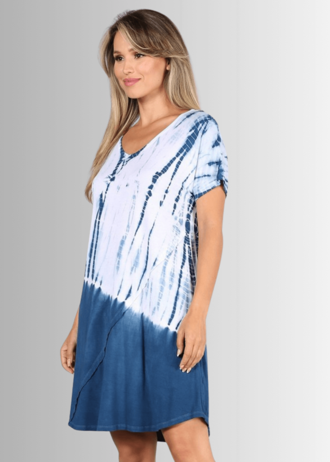 USA Made Ladies Casual Knee Length Tie Dye Dress in Blue Tones |  Style# C60570 | Classy Cozy Cool Women's Made in America Boutique