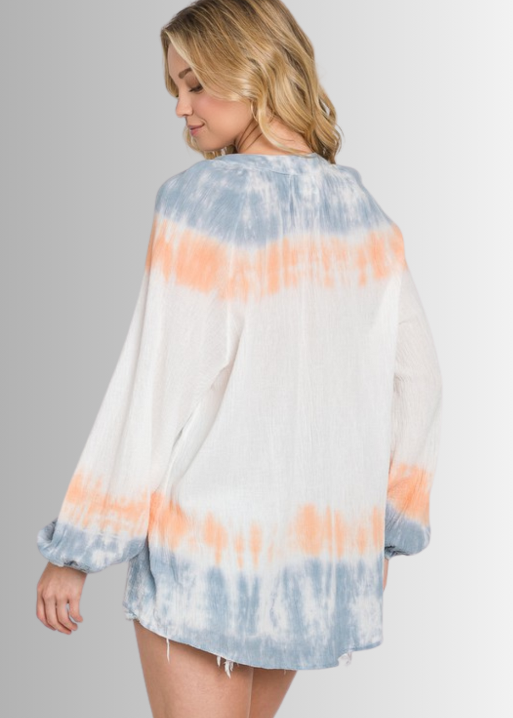 USA Made Premium Ladies Cotton Gauze Oversized Tie Dye Color Block Blouse in White with Blue & Peach Colors | Classy Cozy Cool Women's Made in America Clothing Boutique