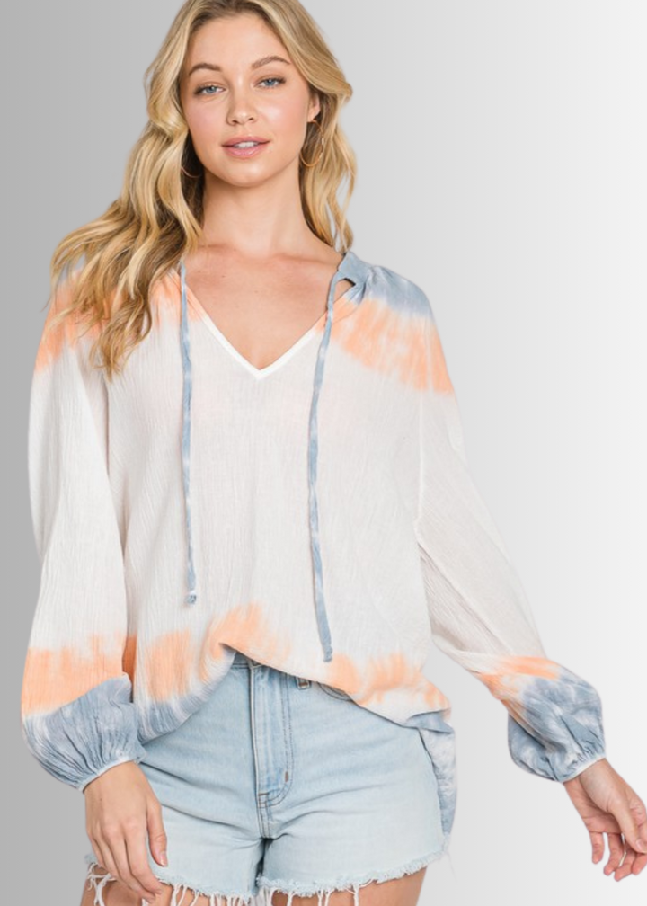 USA Made Premium Ladies Cotton Gauze Oversized Tie Dye Color Block Blouse in White with Blue & Peach Colors | Classy Cozy Cool Women's Made in America Clothing Boutique