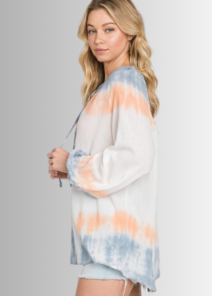 USA Made Premium Ladies Cotton Gauze Oversized Tie Dye Color Block Blouse in White with Blue & Peach Colors | Classy Cozy Cool Women's Made in America Clothing Boutique