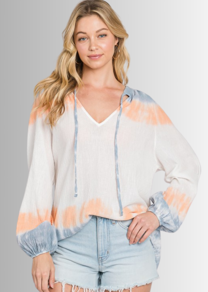 USA Made Premium Ladies Cotton Gauze Oversized Tie Dye Color Block Blouse in White with Blue & Peach Colors | Classy Cozy Cool Women's Made in America Clothing Boutique
