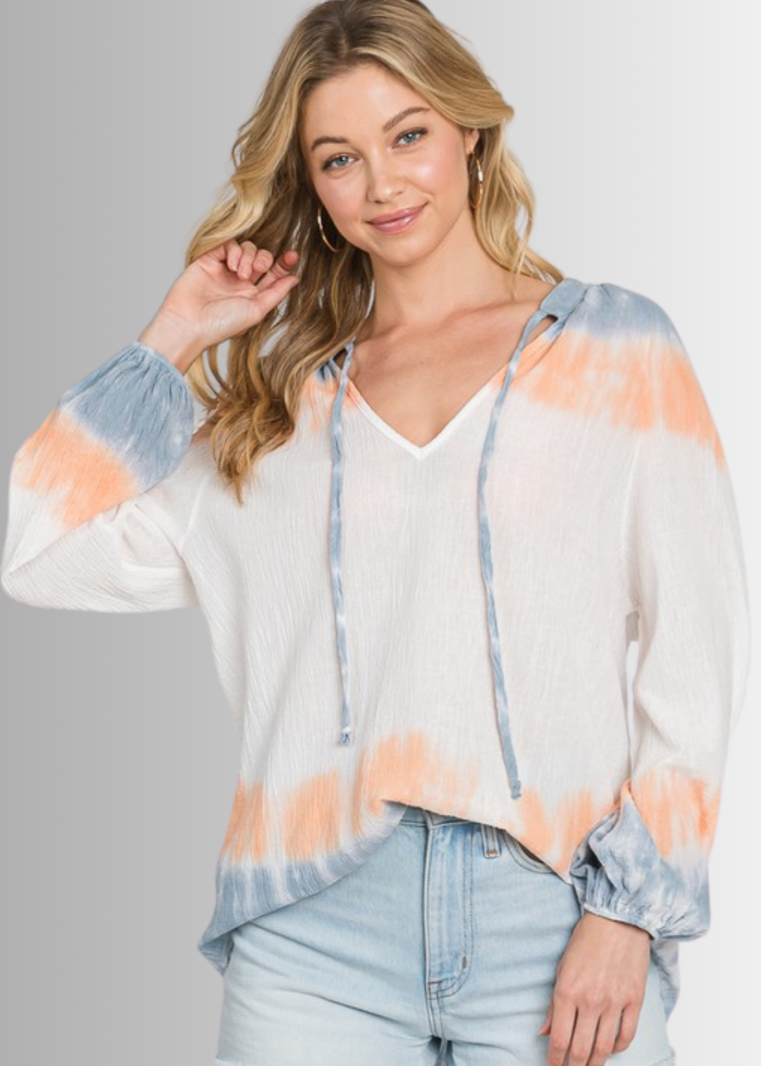USA Made Premium Ladies Cotton Gauze Oversized Tie Dye Color Block Blouse in White with Blue & Peach Colors | Classy Cozy Cool Women's Made in America Clothing Boutique