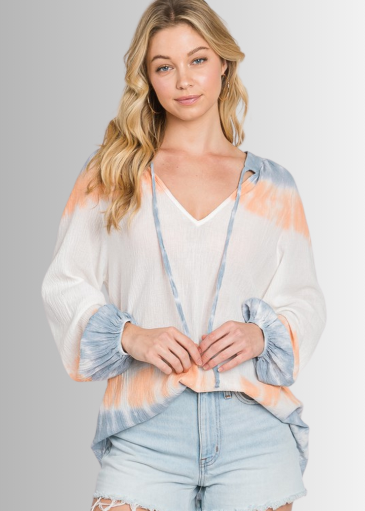 USA Made Premium Ladies Cotton Gauze Oversized Tie Dye Color Block Blouse in White with Blue & Peach Colors | Classy Cozy Cool Women's Made in America Clothing Boutique