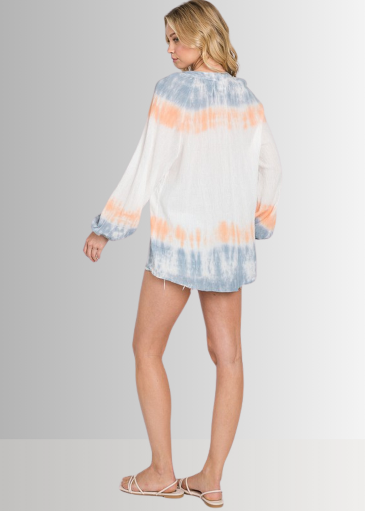 USA Made Premium Ladies Cotton Gauze Oversized Tie Dye Color Block Blouse in White with Blue & Peach Colors | Classy Cozy Cool Women's Made in America Clothing Boutique