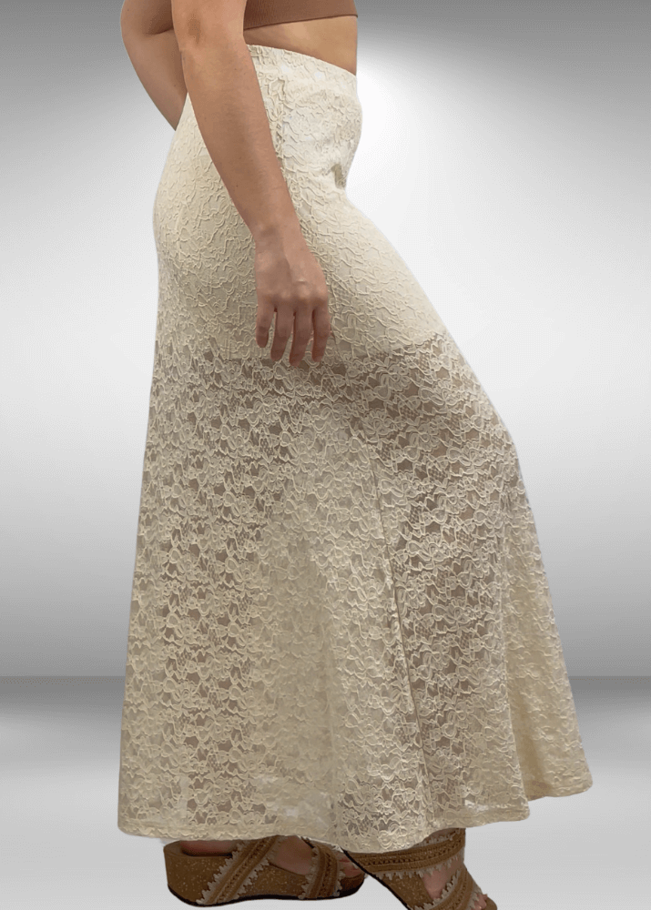 Made in USA Women's Yellowstone Lace Maxi Skirt in Gardenia with Elastic Waist, Mini Length Liner | If She Loves Style ISK1385