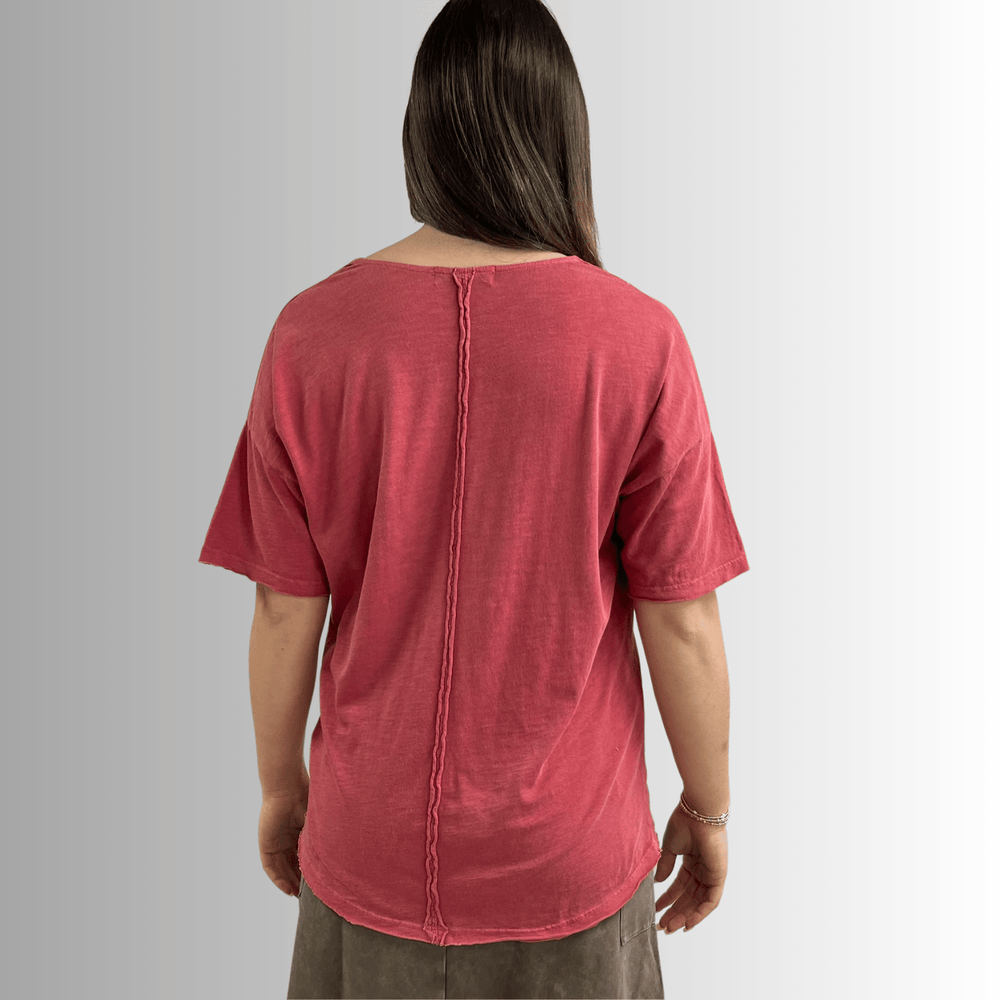 Made in USA, Women's Relaxed Fit Cotton Cowl Neck Mineral Washed Lightweight T-Shirt in Southwest Red | Classy Cozy Cool Made in America Boutique