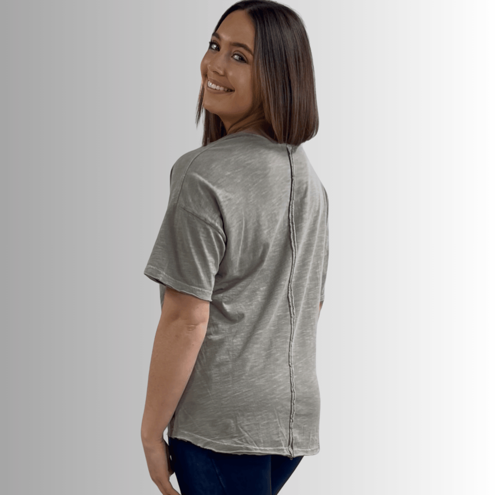 Made in USA, Women's Relaxed Fit Cotton Cowl Neck Mineral Washed Lightweight T-Shirt in Stone | Classy Cozy Cool Made in America Boutique