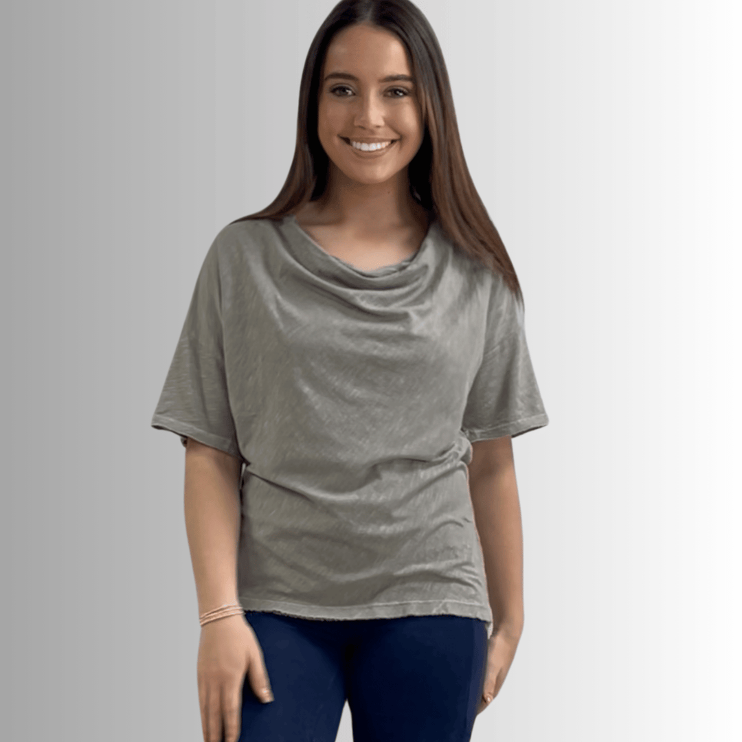 Made in USA, Women's Relaxed Fit Cotton Cowl Neck Mineral Washed Lightweight T-Shirt in Stone | Classy Cozy Cool Made in America Boutique