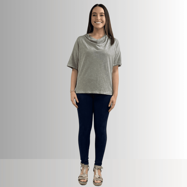 Made in USA, Women's Relaxed Fit Cotton Cowl Neck Mineral Washed Lightweight T-Shirt in Stone | Classy Cozy Cool Made in America Boutique