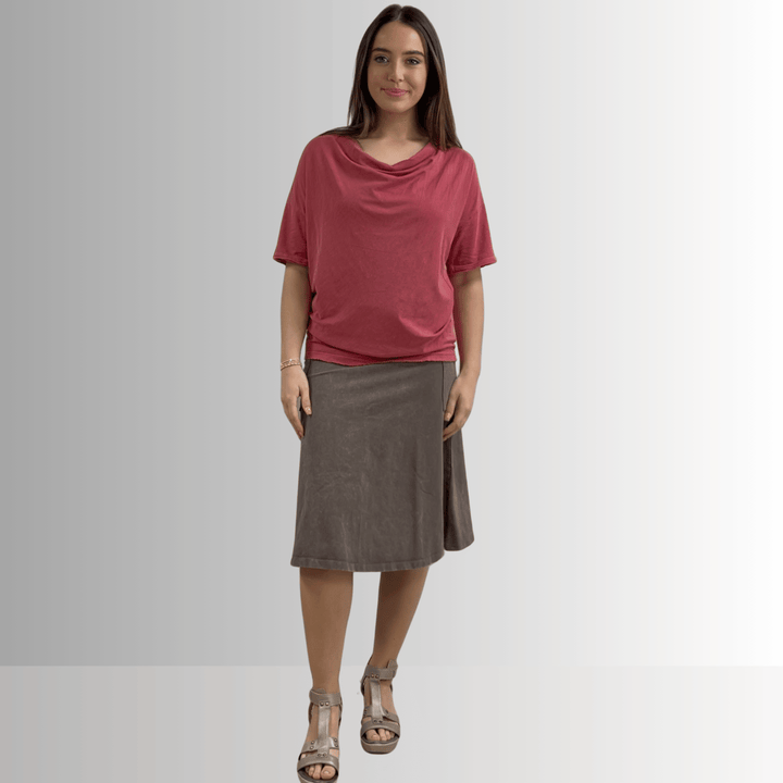 Made in USA, Women's Relaxed Fit Cotton Cowl Neck Mineral Washed Lightweight T-Shirt in Southwest Red | Classy Cozy Cool Made in America Boutique