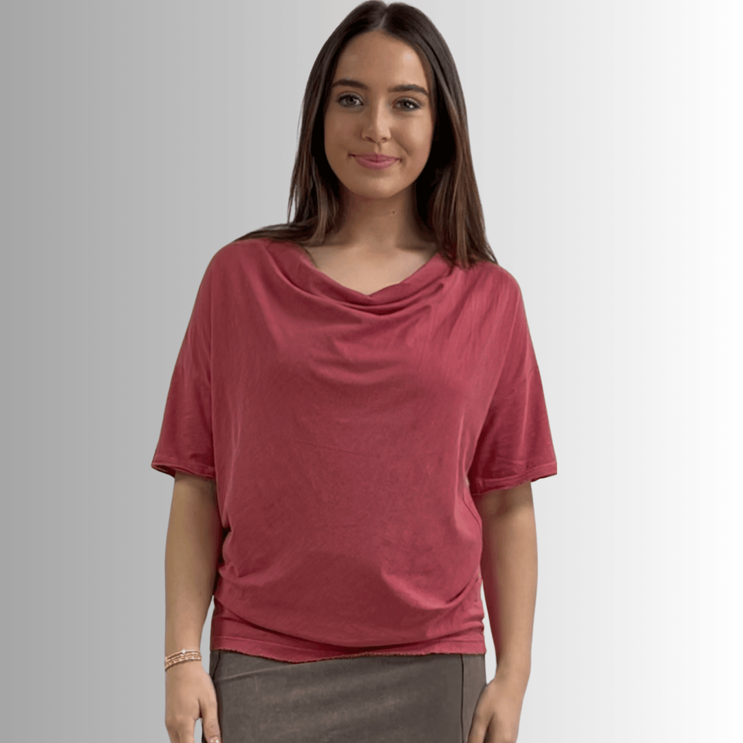 Made in USA, Women's Relaxed Fit Cotton Cowl Neck Mineral Washed Lightweight T-Shirt in Southwest Red | Classy Cozy Cool Made in America Boutique