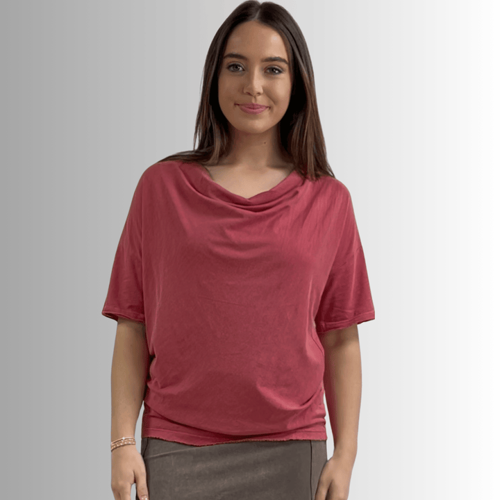 Made in USA, Women's Relaxed Fit Cotton Cowl Neck Mineral Washed Lightweight T-Shirt in Southwest Red | Classy Cozy Cool Made in America Boutique