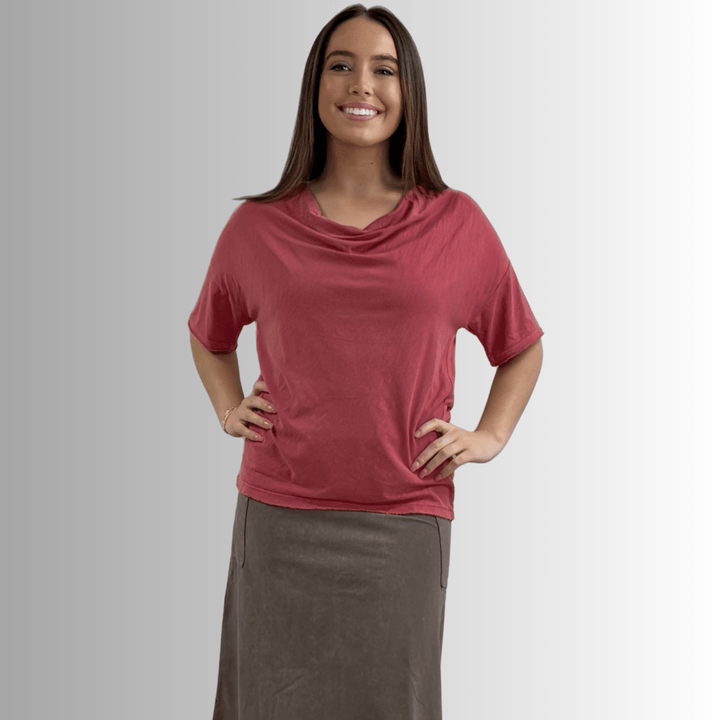 Made in USA, Women's Relaxed Fit Cotton Cowl Neck Mineral Washed Lightweight T-Shirt in Southwest Red | Classy Cozy Cool Made in America Boutique