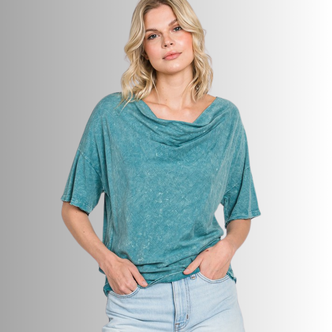 Made in USA, Women's Relaxed Fit Cotton Cowl Neck Mineral Washed Lightweight T-Shirt in 2-Tone Teal | Classy Cozy Cool Made in America Boutique