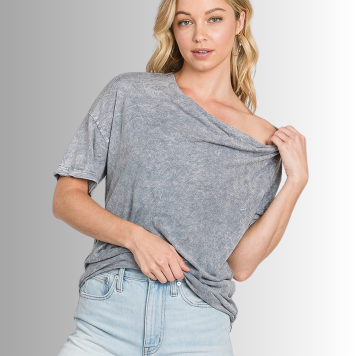 Made in USA, Women's Relaxed Fit Cotton Cowl Neck Mineral Washed Lightweight T-Shirt in 2-Tone Grey | Classy Cozy Cool Made in America Boutique