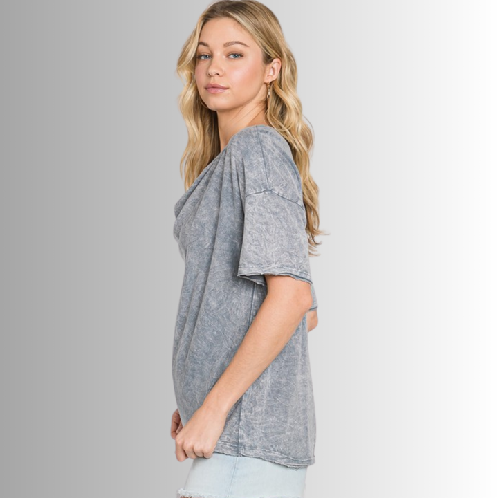 Made in USA, Women's Relaxed Fit Cotton Cowl Neck Mineral Washed Lightweight T-Shirt in 2-Tone Grey | Classy Cozy Cool Made in America Boutique