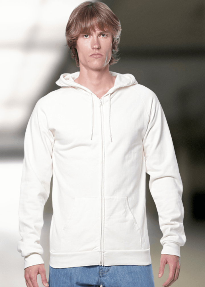 Experience unmatched comfort with this Organic Cotton Full Zip Hoodie in Natural Cream. Crafted in the USA from 100% combed ring-spun organic cotton fleece