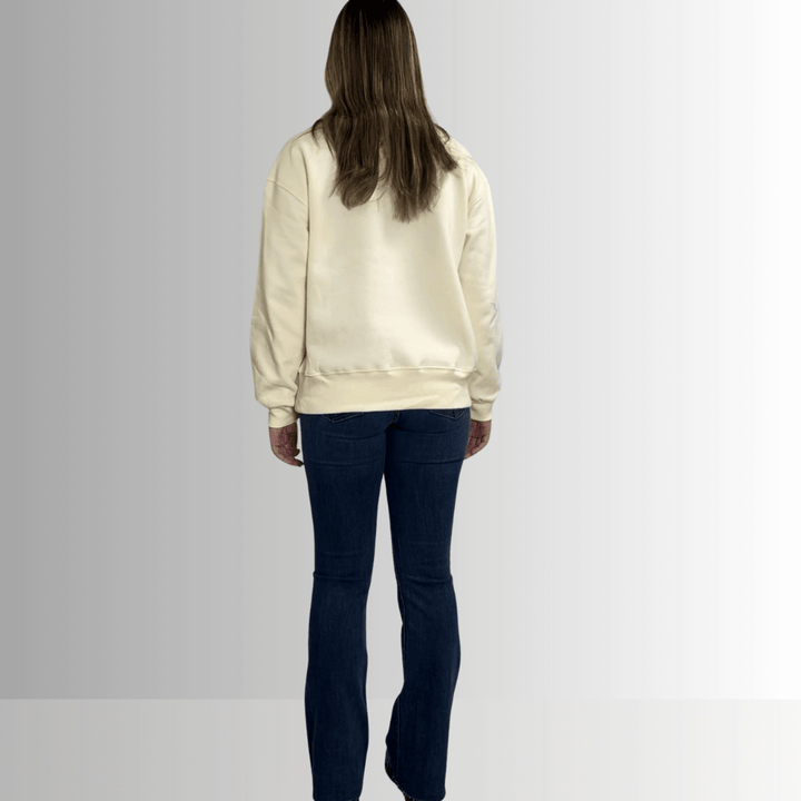 Made in USA Women's Cream Crew Neck Fleece Sweatshirt with God Bless USA Graphic, Heavyweight Cotton Fleece, Drop Shoulder, Relaxed Fit