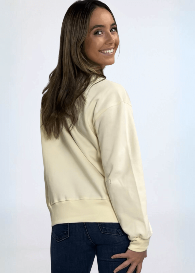 Made in USA Women's Cream Crew Neck Fleece Sweatshirt , Heavyweight Cotton Fleece, Drop Shoulder, Relaxed Fit | Classy Cozy Cool Made in America Boutique