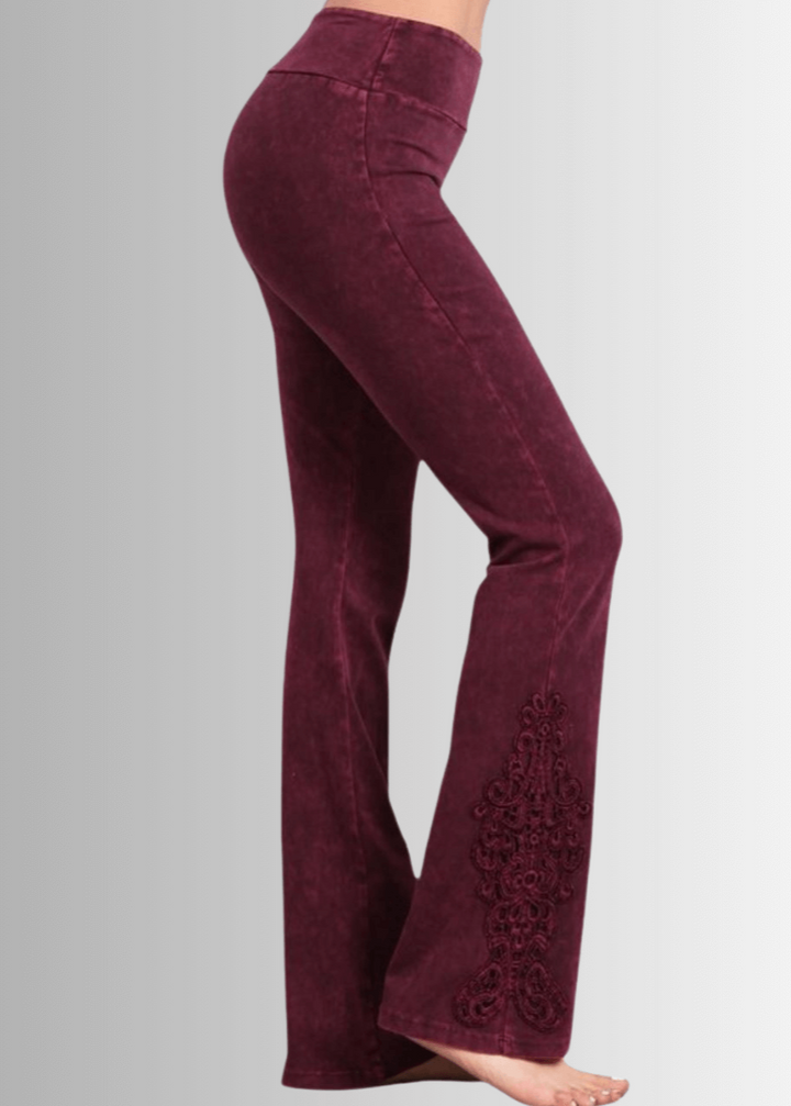 Made in USA Women's Burgundy Mineral Washed Boot Cut Jeggings with Crochet Detail Hem Style# C30372 | Classy Cozy Cool  Made in America Boutique
