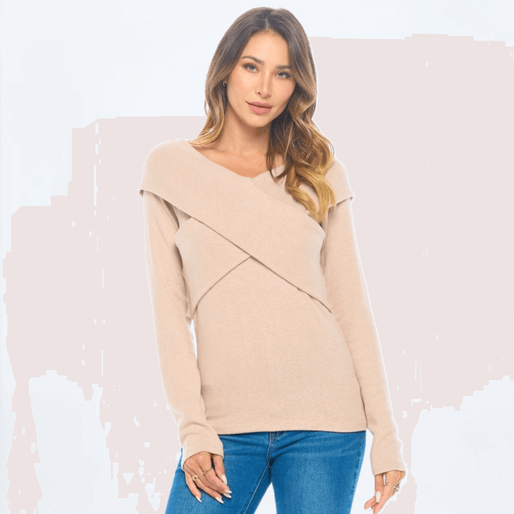 Made in USA Ladies' Super Soft Long Sleeve Double V-Neck Cashmere Feel Sweater Top With Criss Cross Detail in Light Taupe | Renee C Style# 4454TP