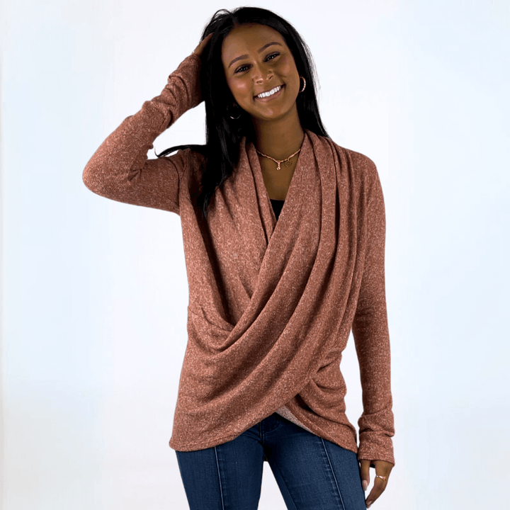 Made in USA Women's Marbled Knit Brick Red Soft Brushed Wrapped Front Sweater, Long Sleeves, Crossover Draped in Front, Longer Length | Classy Cozy Cool Made in America Boutique