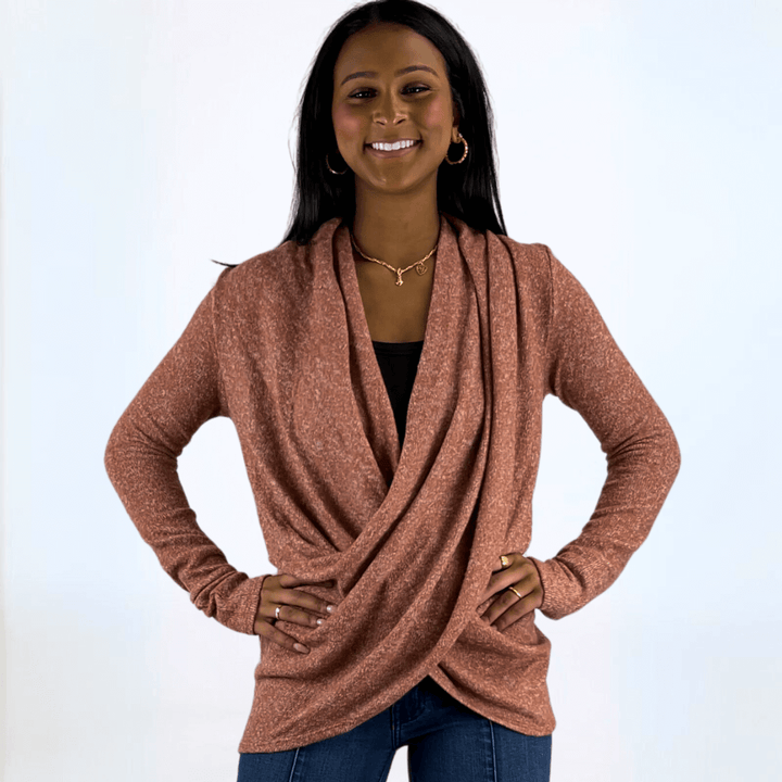 Made in USA Women's Marbled Knit Brick Red Soft Brushed Wrapped Front Sweater, Long Sleeves, Crossover Draped in Front, Longer Length | Classy Cozy Cool Made in America Boutique