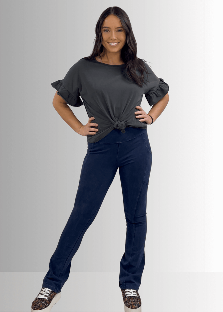 USA Made Premium 100% Cotton Super Soft Mineral Washed Oversized Ladies Tee with   Ruffle Sleeves in Southwest Red or Charcoal Gray | Classy Cozy Cool Made in America Clothing Boutique