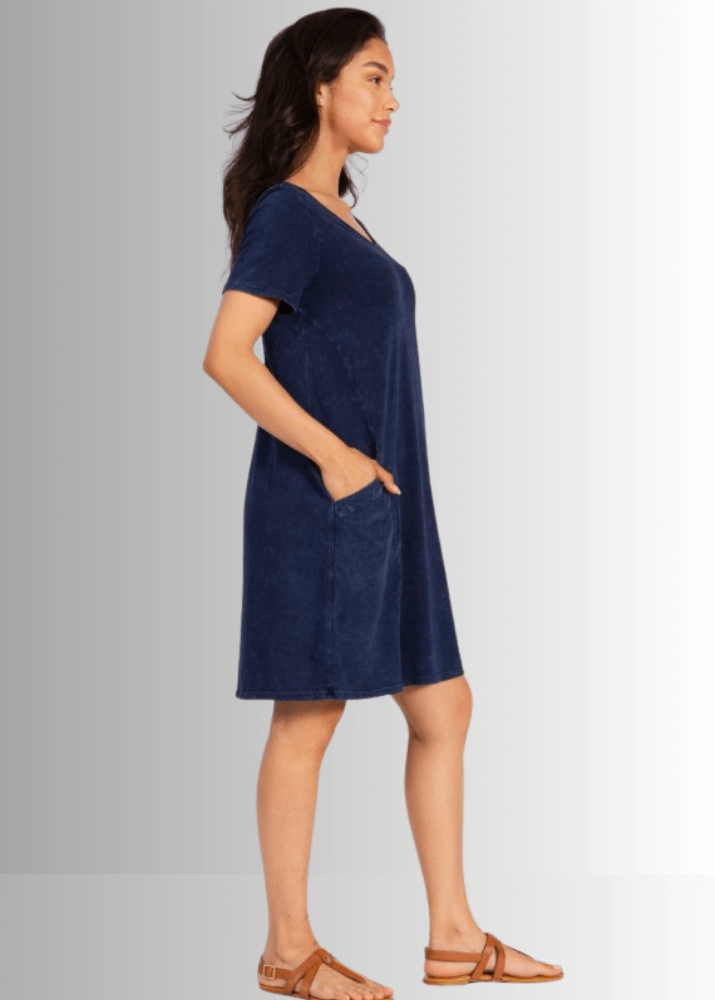 USA Made Ladies Mineral Washed Casual Cotton Short Sleeve Above Knee Length Dress with Pockets | Style# C60596 | Classy Cozy Cool Women's Made in America Boutique