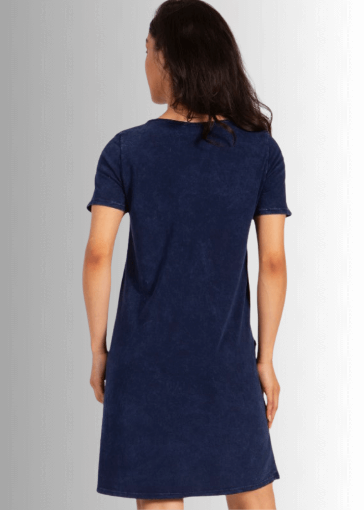 USA Made Ladies Mineral Washed Casual Cotton Short Sleeve Above Knee Length Dress with Pockets | Style# C60596 | Classy Cozy Cool Women's Made in America Boutique