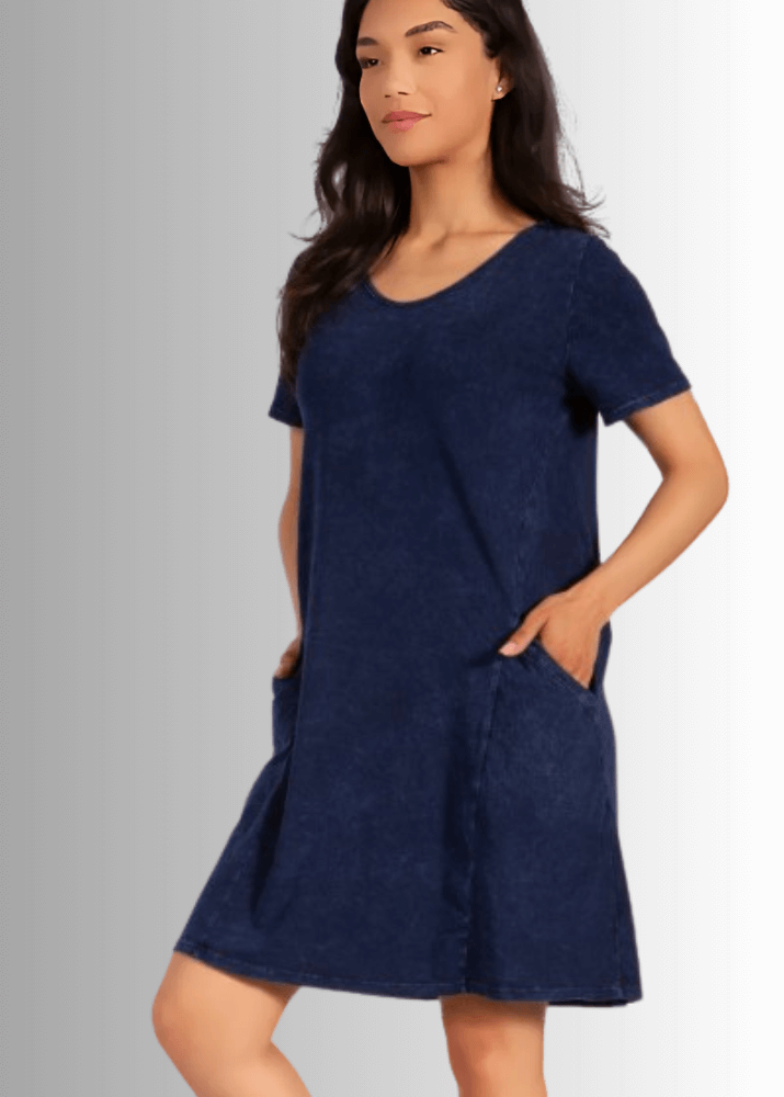 USA Made Ladies Mineral Washed Casual Cotton Short Sleeve Above Knee Length Dress with Pockets | Style# C60596 | Classy Cozy Cool Women's Made in America Boutique