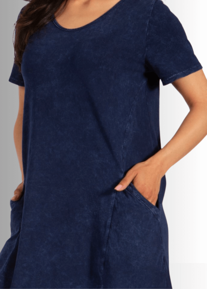 USA Made Ladies Mineral Washed Casual Cotton Short Sleeve Above Knee Length Dress with Pockets | Style# C60596 | Classy Cozy Cool Women's Made in America Boutique