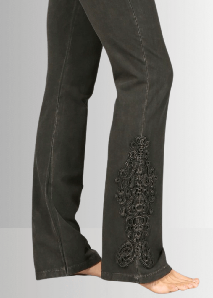 Made in USA Women's Mineral Washed Boot Cut Jeggings with Crochet Detail Hem in Dark Moss Green | Style# C30372 |  Classy Cozy Cool Made in America Boutique