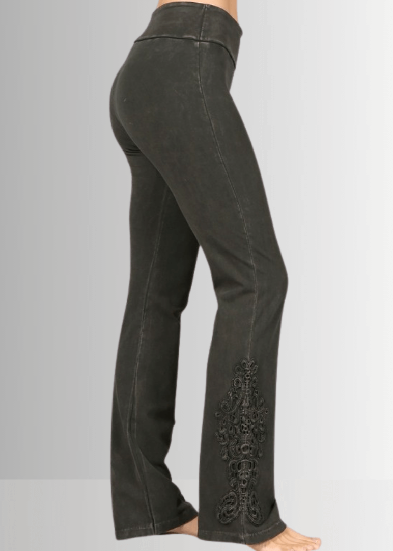 Made in USA Women's Mineral Washed Boot Cut Jeggings with Crochet Detail Hem in Dark Moss Green | Style# C30372 |  Classy Cozy Cool Made in America Boutique