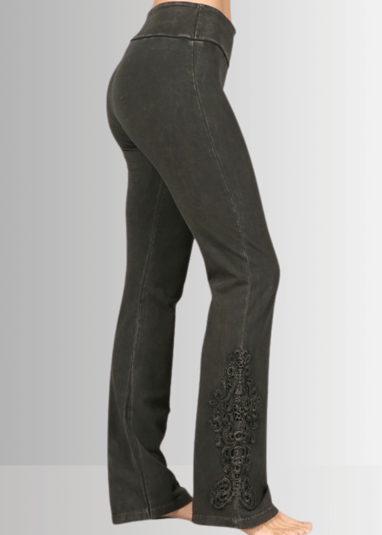 Made in USA Women's Mineral Washed Dark Moss Green Boot Cut Jeggings with Crochet Detail Hem Style# C30372 | Classy Cozy Cool  Made in America Boutique