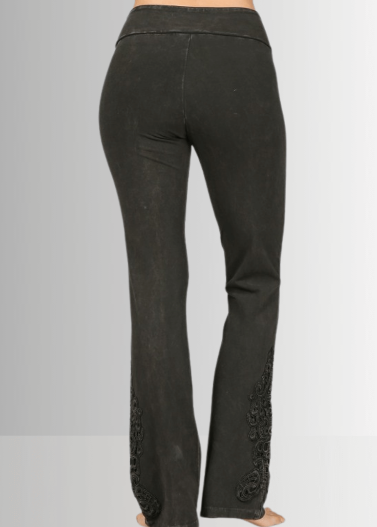 Made in USA Women's Mineral Washed Boot Cut Jeggings with Crochet Detail Hem in Dark Moss Green | Style# C30372 |  Classy Cozy Cool Made in America Boutique