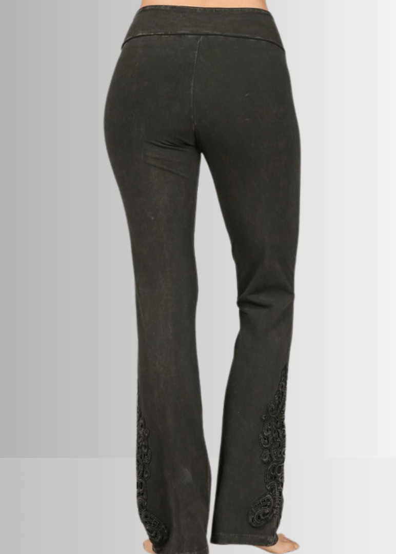 Made in USA Women's Mineral Washed Dark Moss Green Boot Cut Jeggings with Crochet Detail Hem Style# C30372 | Classy Cozy Cool  Made in America Boutique